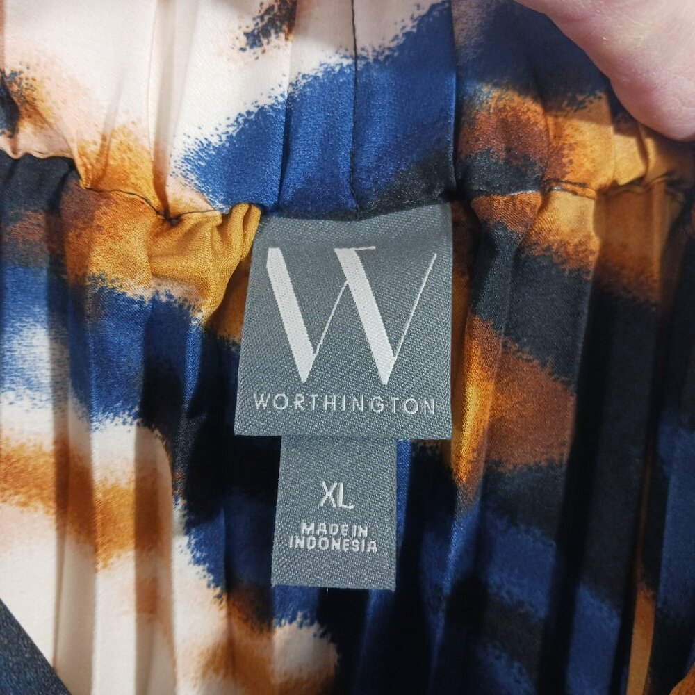 Worthington, NWT XL Midi Pleated Skirt W/ Abstract Print Navy Cream Gold & Black - Picture 2 of 14